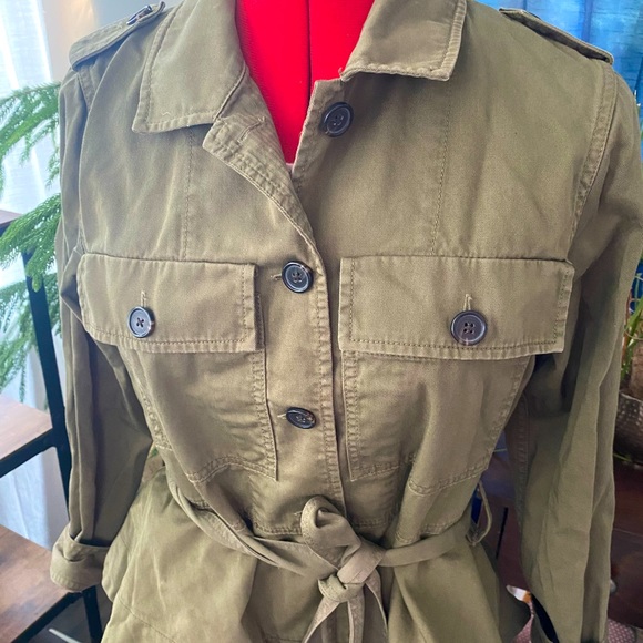 J. Crew army green denim cropped peplum jacket with tie waist, button-down - Picture 2 of 11